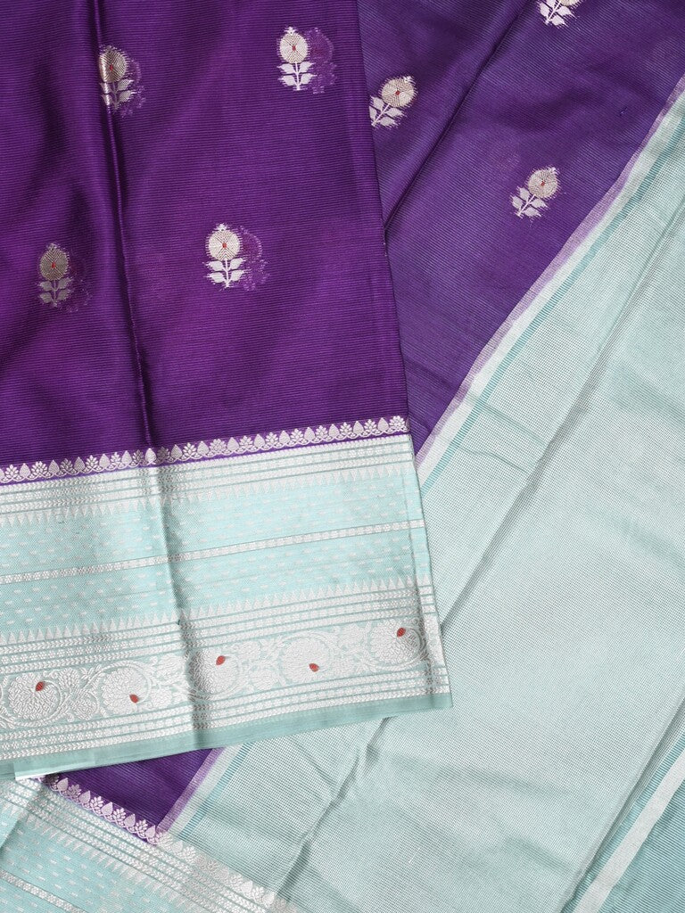 Mangalagiri fancy saree dark blue color allover zari motifs & zari border with zari pallu and contrast blouse