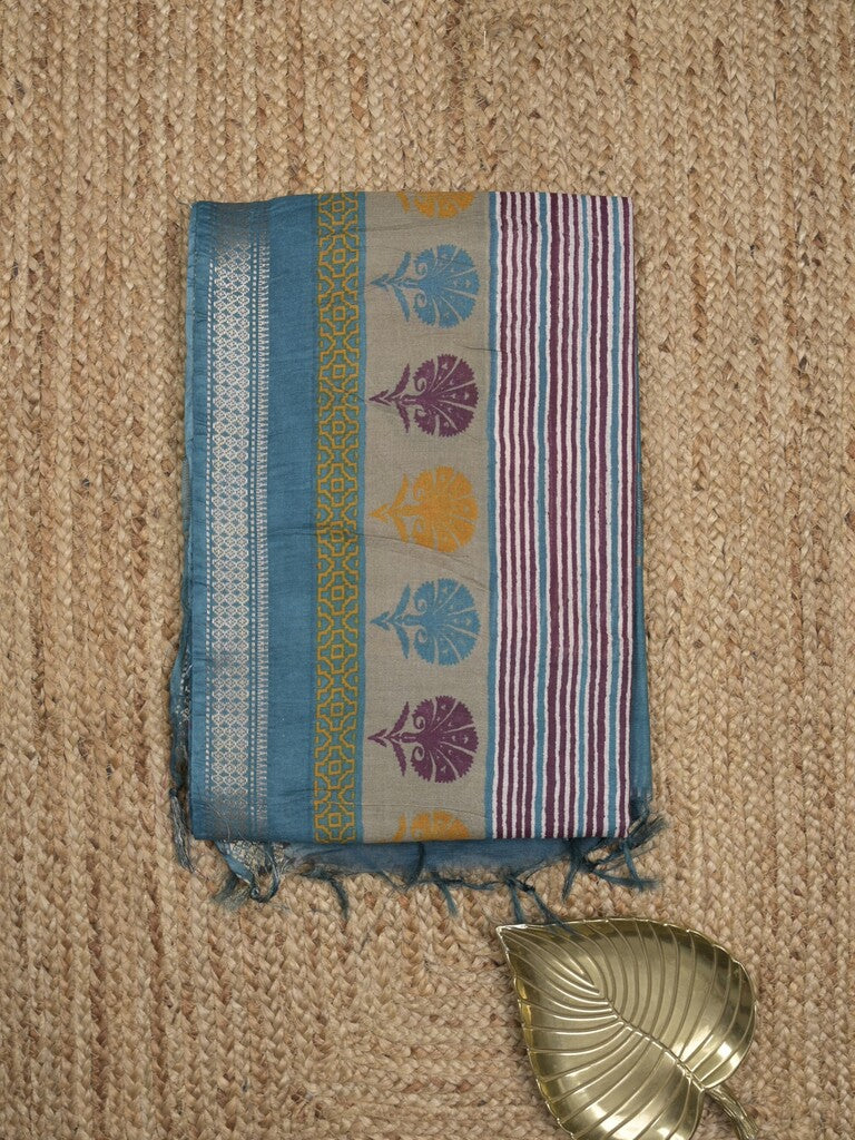 Tussar fancy saree in grey color allover stripes & zari border with contrast pallu and blouse