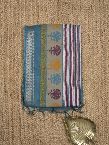 Tussar fancy saree in grey color allover stripes & zari border with contrast pallu and blouse