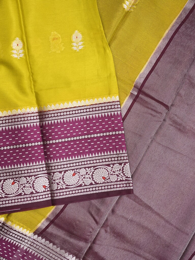 Mangalagiri fancy saree parrot green color allover zari motifs & zari border with zari pallu and contrast blouse