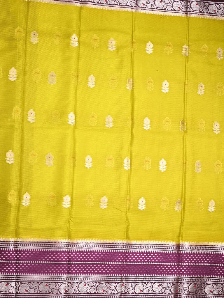 Mangalagiri fancy saree parrot green color allover zari motifs & zari border with zari pallu and contrast blouse