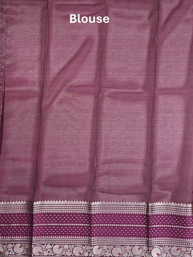Mangalagiri fancy saree parrot green color allover zari motifs & zari border with zari pallu and contrast blouse