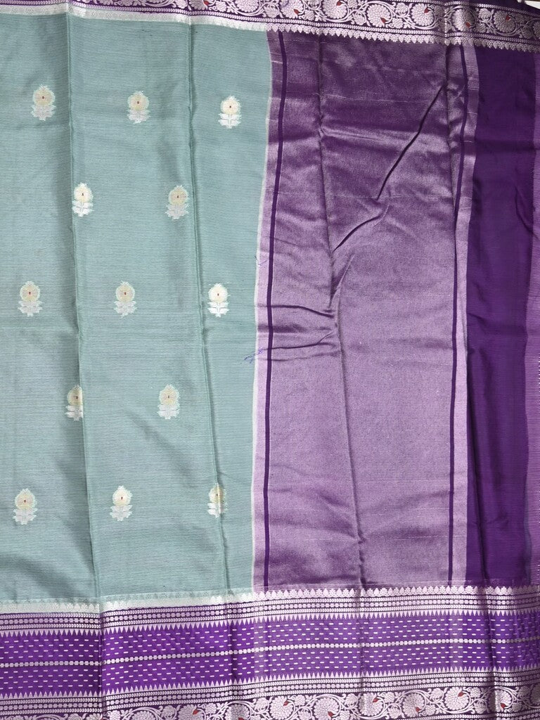 Mangalagiri fancy saree light blue color allover zari motifs & zari border with zari pallu and contrast blouse