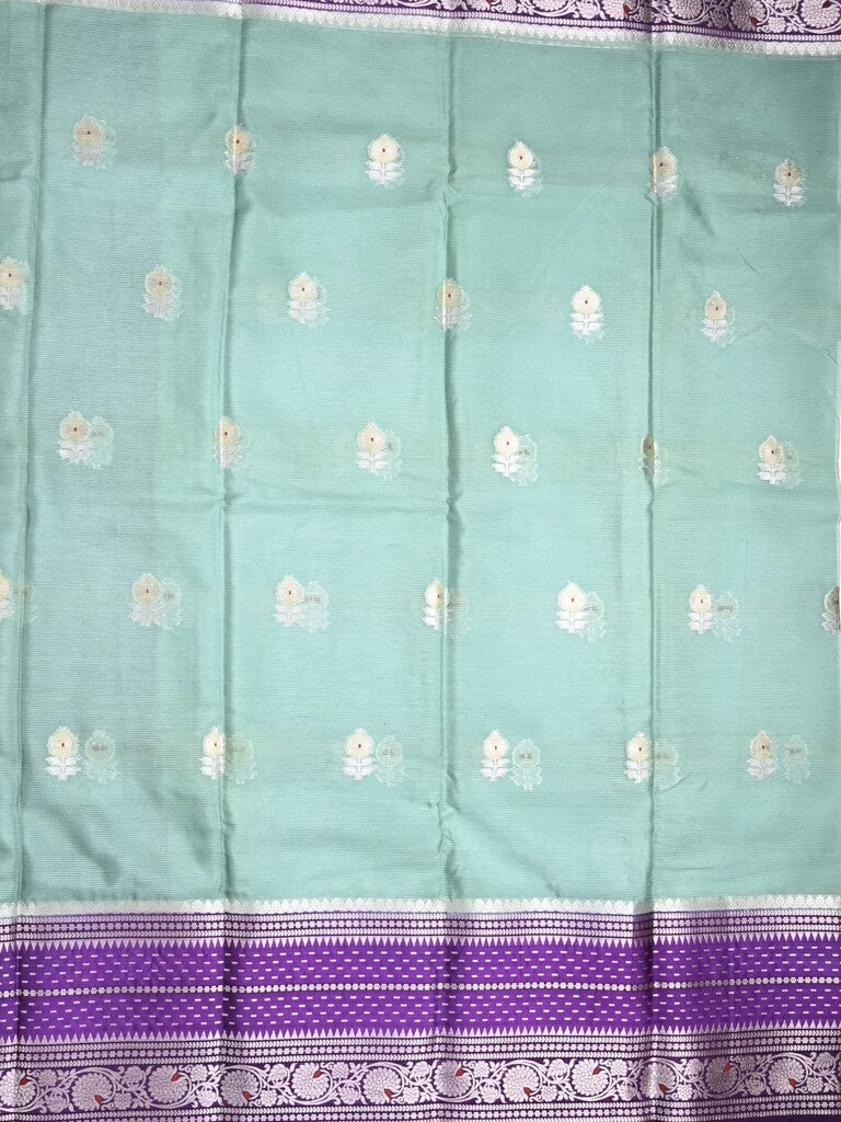 Mangalagiri fancy saree light blue color allover zari motifs & zari border with zari pallu and contrast blouse