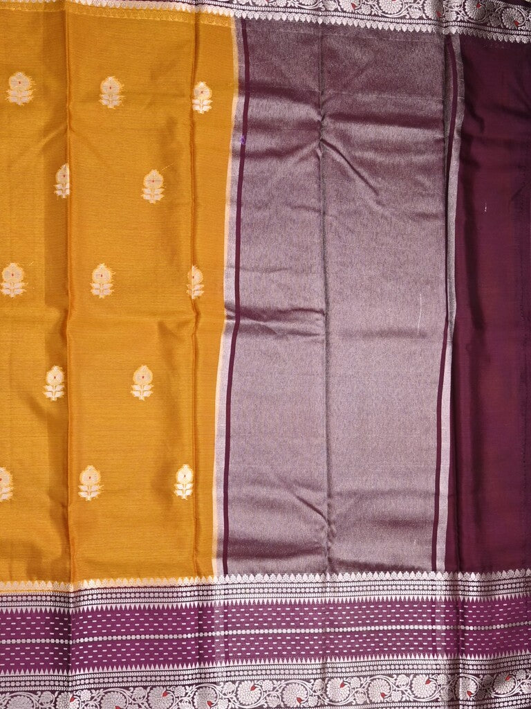 Mangalagiri fancy saree golden yellow color allover zari motifs & zari border with zari pallu and contrast blouse