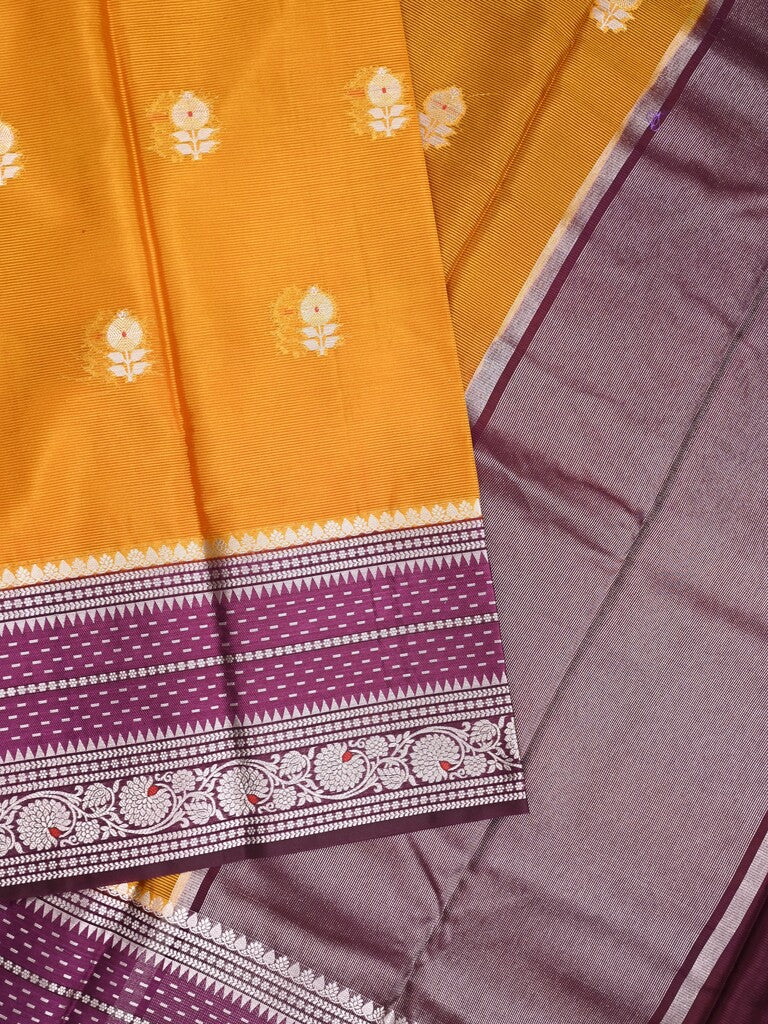 Mangalagiri fancy saree golden yellow color allover zari motifs & zari border with zari pallu and contrast blouse