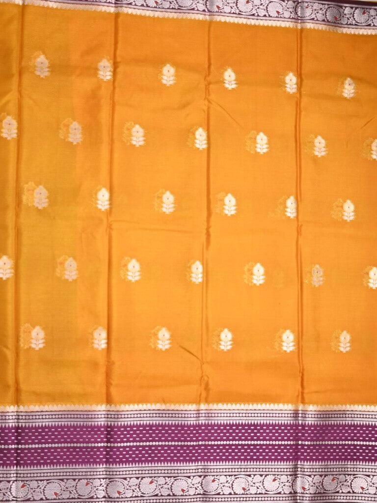 Mangalagiri fancy saree golden yellow color allover zari motifs & zari border with zari pallu and contrast blouse