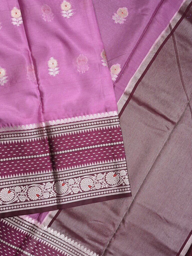 Mangalagiri fancy saree purple color allover zari motifs & zari border with zari pallu and contrast blouse
