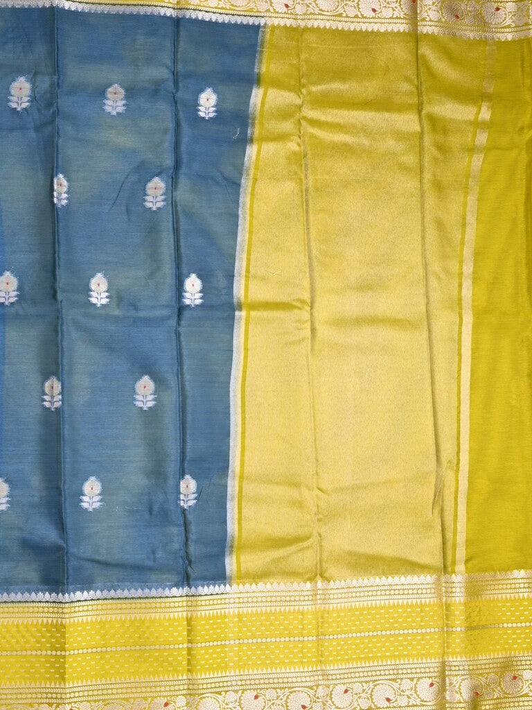 Mangalagiri fancy saree navy blue color allover zari motifs & zari border with zari pallu and contrast blouse