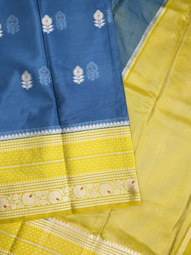 Mangalagiri fancy saree navy blue color allover zari motifs & zari border with zari pallu and contrast blouse
