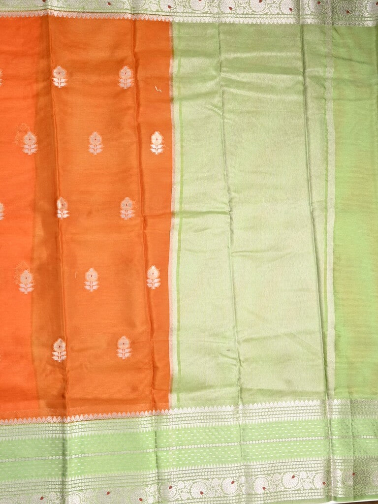 Mangalagiri fancy saree orange color allover zari motifs & zari border with zari pallu and contrast blouse