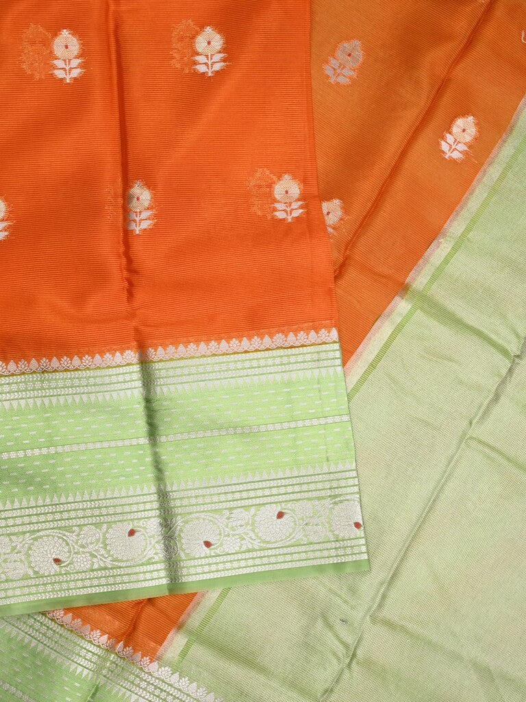 Mangalagiri fancy saree orange color allover zari motifs & zari border with zari pallu and contrast blouse