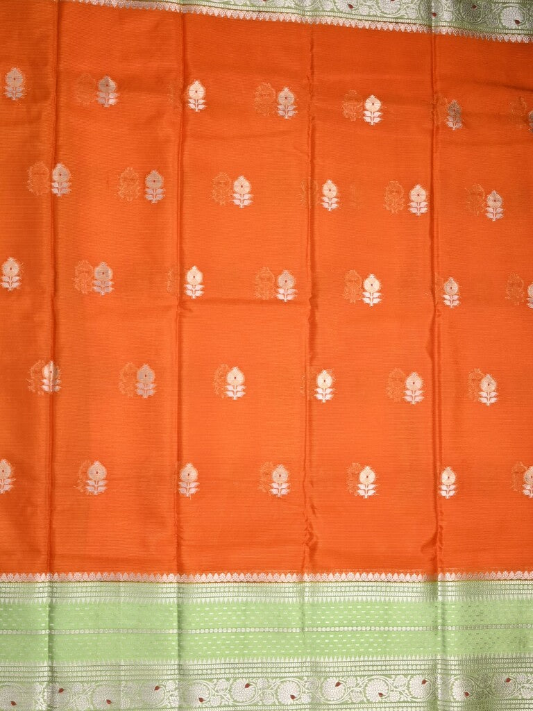Mangalagiri fancy saree orange color allover zari motifs & zari border with zari pallu and contrast blouse