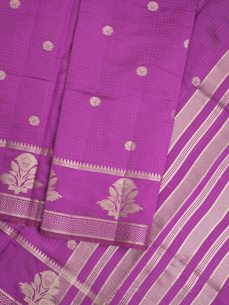 Dupion fancy saree in violet color allover zari motifs & zari border with zari pallu and attached blouse