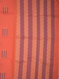 Kanchi cotton saree orange color allover weaves with stripes pallu and attached plain self blouse
