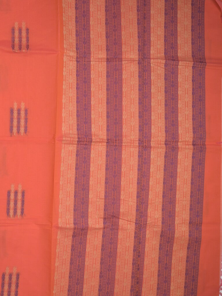 Kanchi cotton saree orange color allover weaves with stripes pallu and attached plain self blouse
