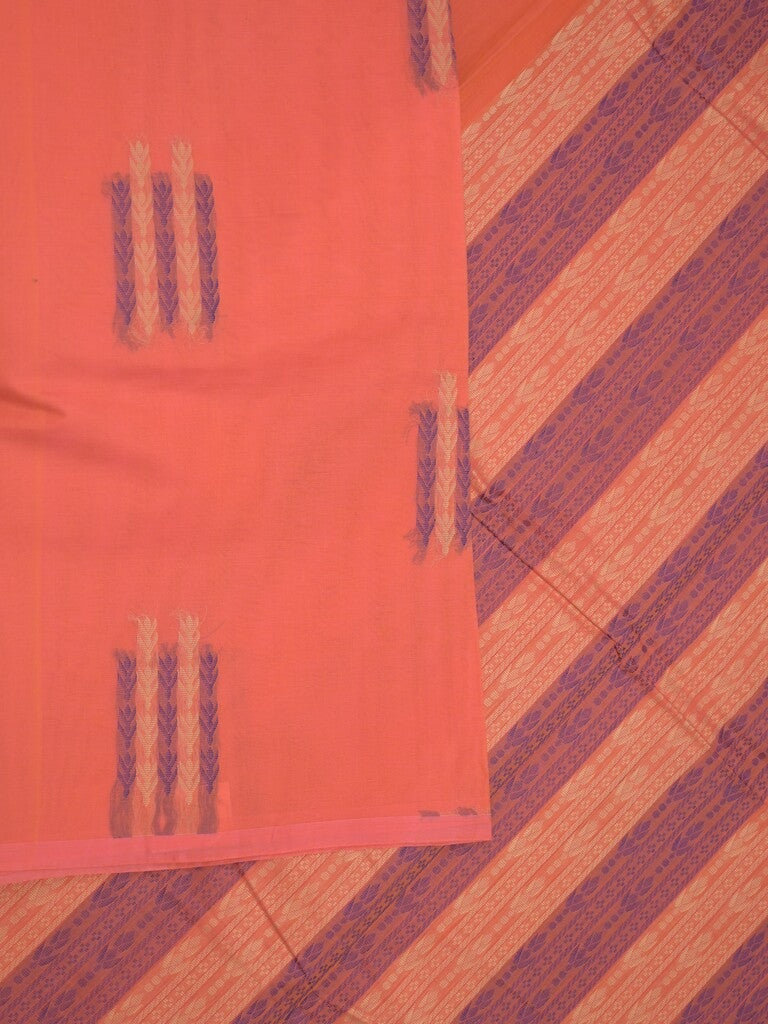Kanchi cotton saree orange color allover weaves with stripes pallu and attached plain self blouse