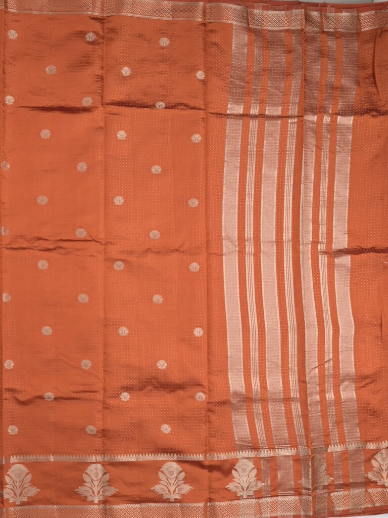 Dupion fancy saree in orange color allover zari motifs & zari border with zari pallu and attached blouse