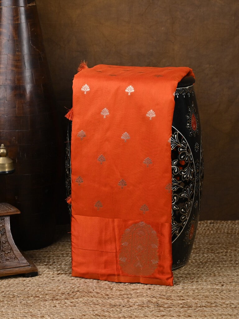 Banaras fancy saree orange color allover zari motifs & zari border with rich pallu and self blouse
