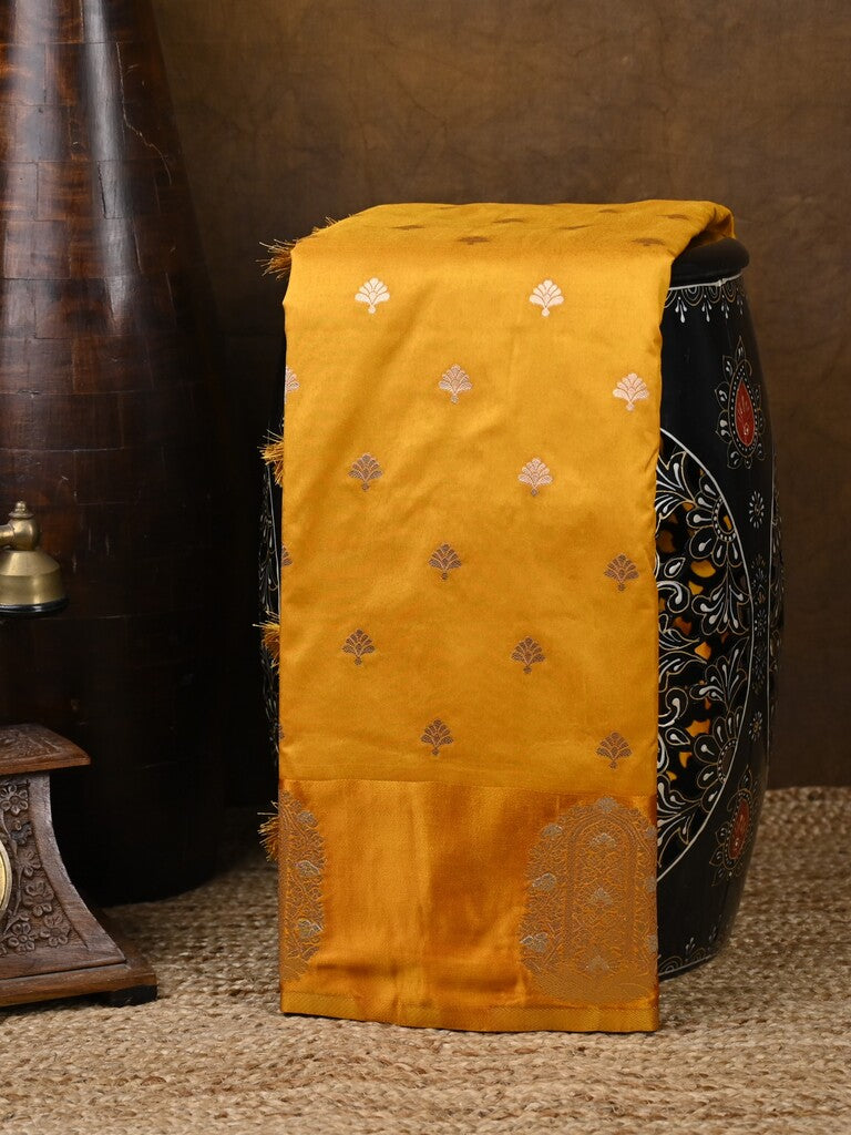 Banaras fancy saree golden yellow color allover zari motifs & zari border with rich pallu and self blouse