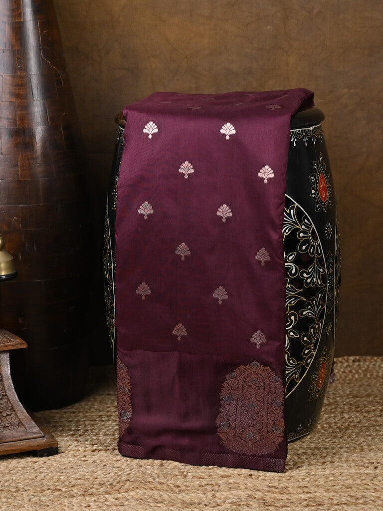 Banaras fancy saree dark maroon color allover zari motifs & zari border with rich pallu and self blouse