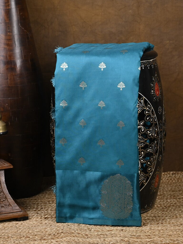 Banaras fancy saree sky blue color allover zari motifs & zari border with rich pallu and self blouse