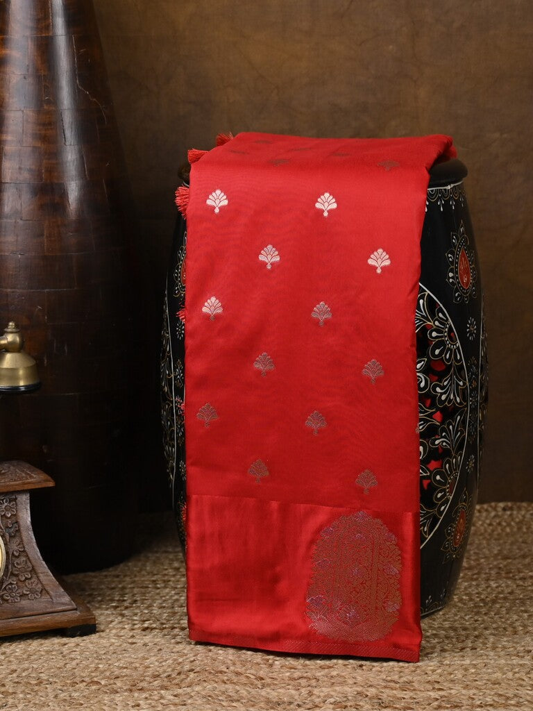 Banaras fancy saree red color allover zari motifs & zari border with rich pallu and self blouse