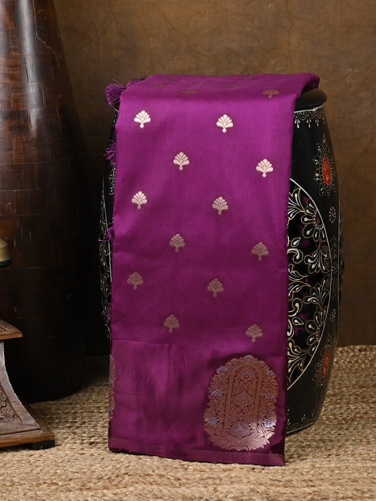 Banaras fancy saree violet color allover zari motifs & zari border with rich pallu and self blouse
