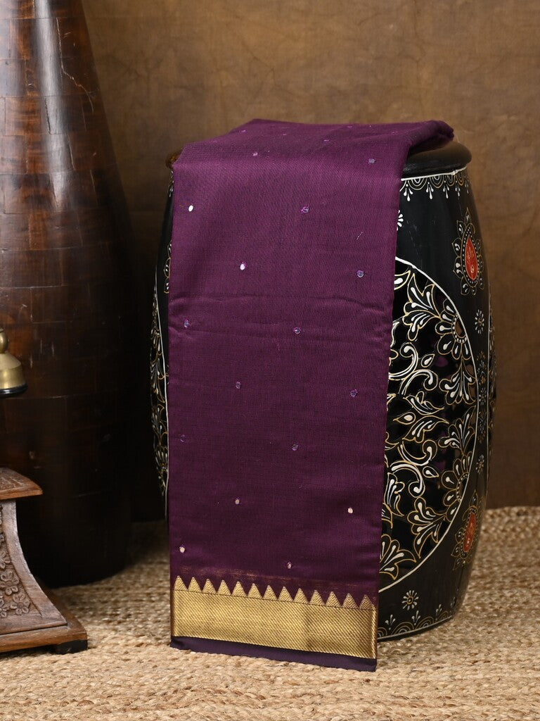 Chanderi fancy saree dark wine color allover zari motifs & zari border with zari pallu and plain blouse