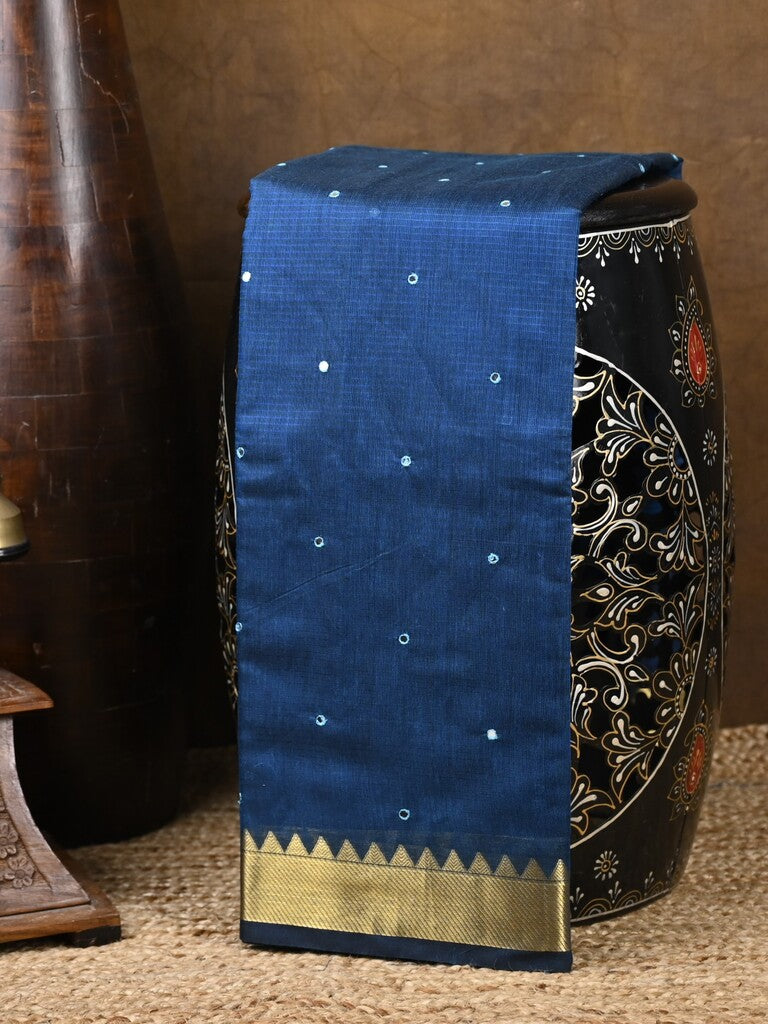 Chanderi fancy saree royal blue color allover zari motifs & zari border with zari pallu and plain blouse