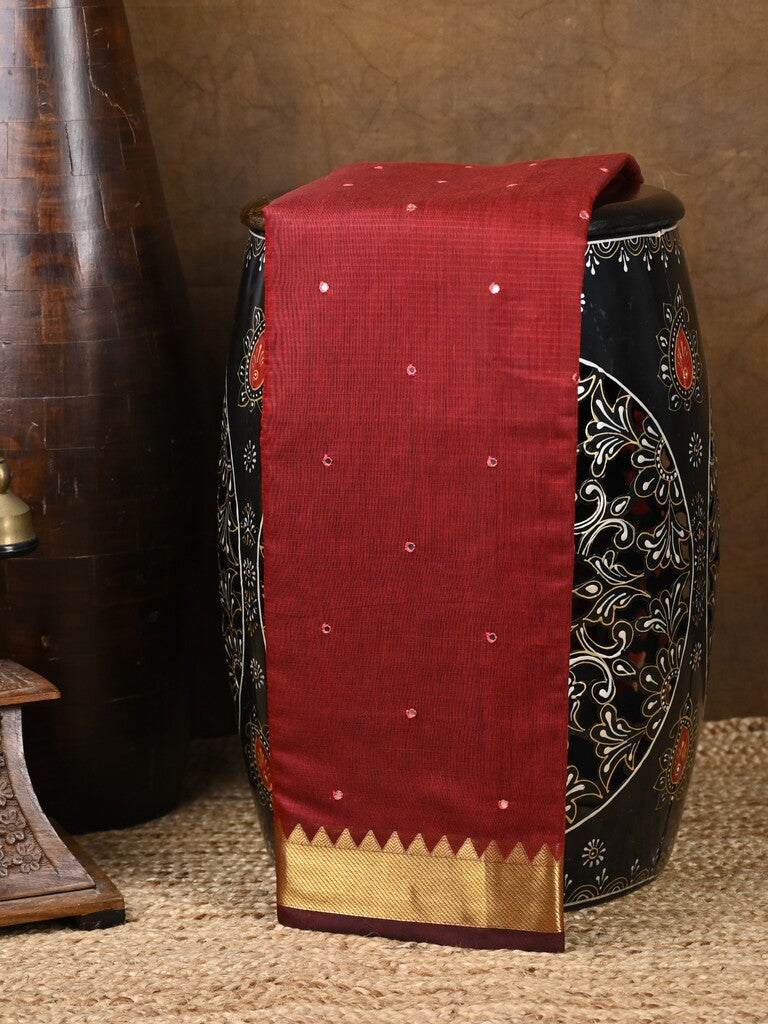 Chanderi fancy saree maroon color allover zari motifs & zari border with zari pallu and plain blouse