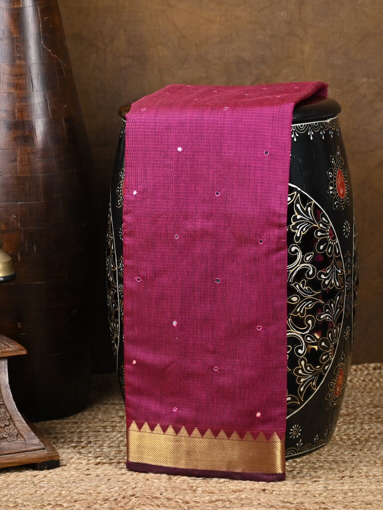 Chanderi fancy saree magenta color allover zari motifs & zari border with zari pallu and plain blouse