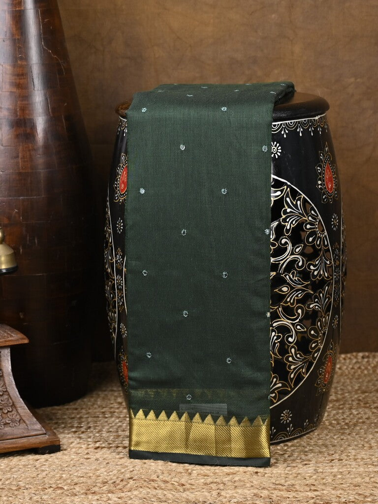 Chanderi fancy saree dark green color allover zari motifs & zari border with zari pallu and plain blouse