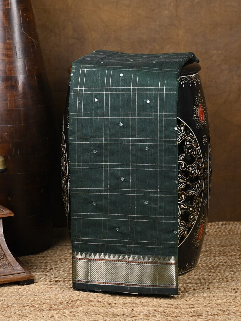 Chanderi fancy saree dark green color allover checks, zari motifs & zari border with zari pallu and self blouse