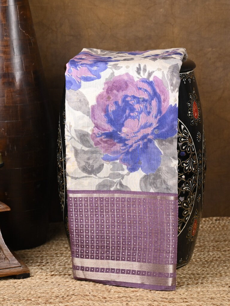 Maheshwari fancy saree white color allover prints & zari border with zari pallu and plain blouse