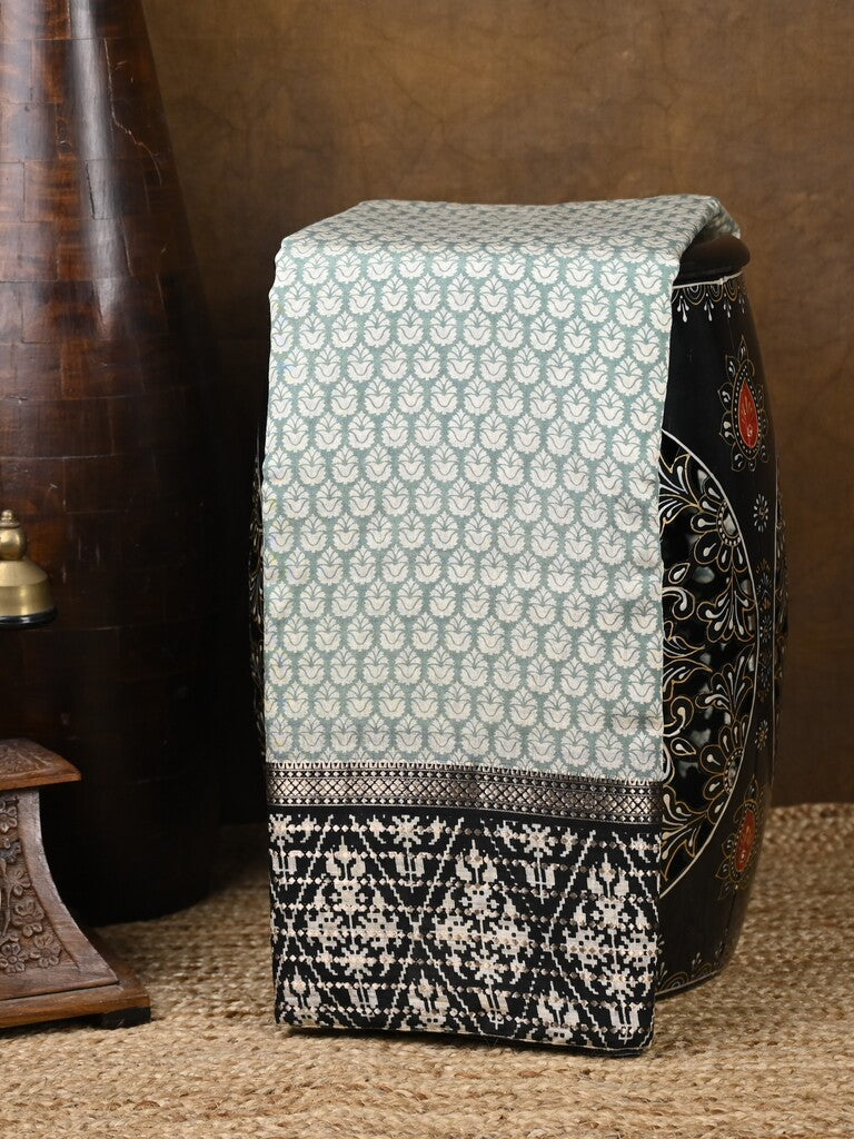 Maheshwari fancy saree light grey color allover prints & zari border with zari pallu and plain blouse