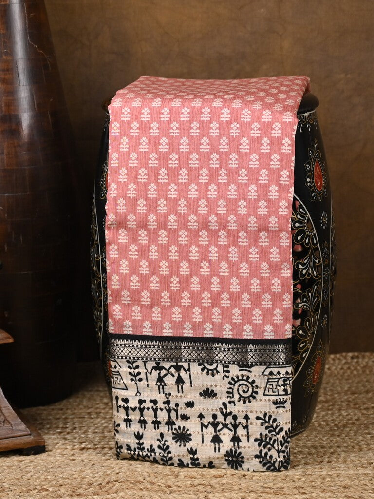 Maheshwari fancy saree light pink color allover prints & zari border with zari pallu and plain blouse