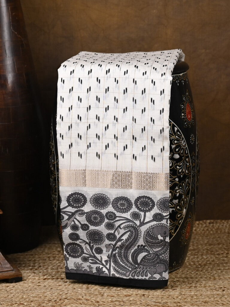 Maheshwari fancy saree white color allover prints & zari border with zari pallu and plain blouse