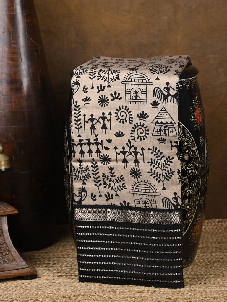 Maheshwari fancy saree cream color allover prints & zari border with zari pallu and plain blouse