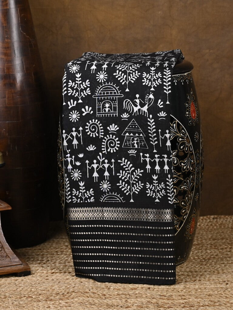 Maheshwari fancy saree black color allover prints & zari border with zari pallu and plain blouse
