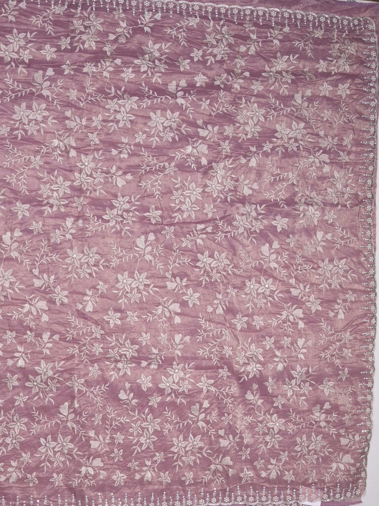 Organza crush fancy saree onion pink color allover embroidery & fancy border with running pallu and attached blouse
