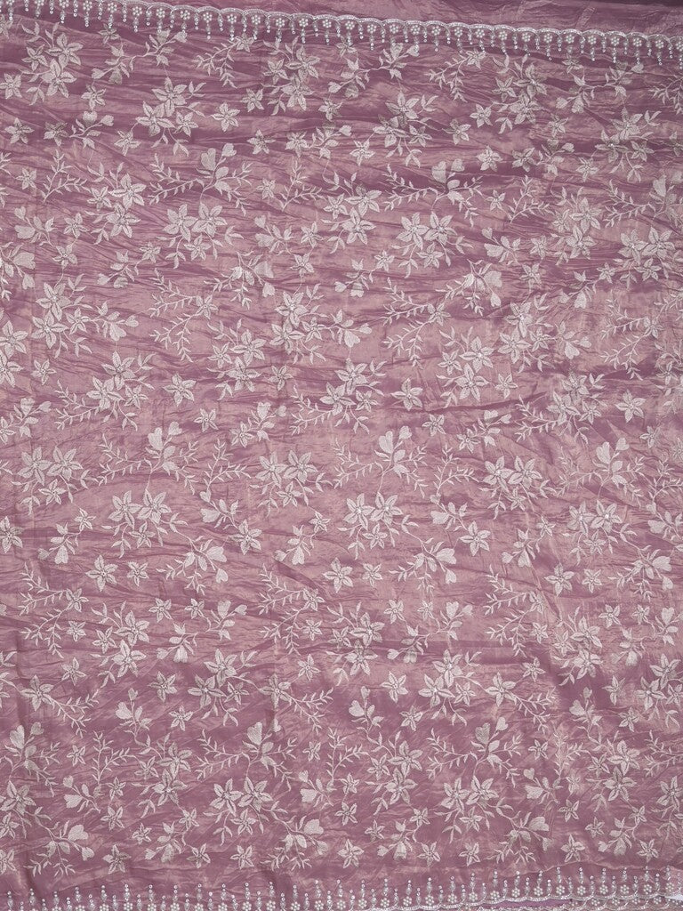 Organza crush fancy saree onion pink color allover embroidery & fancy border with running pallu and attached blouse