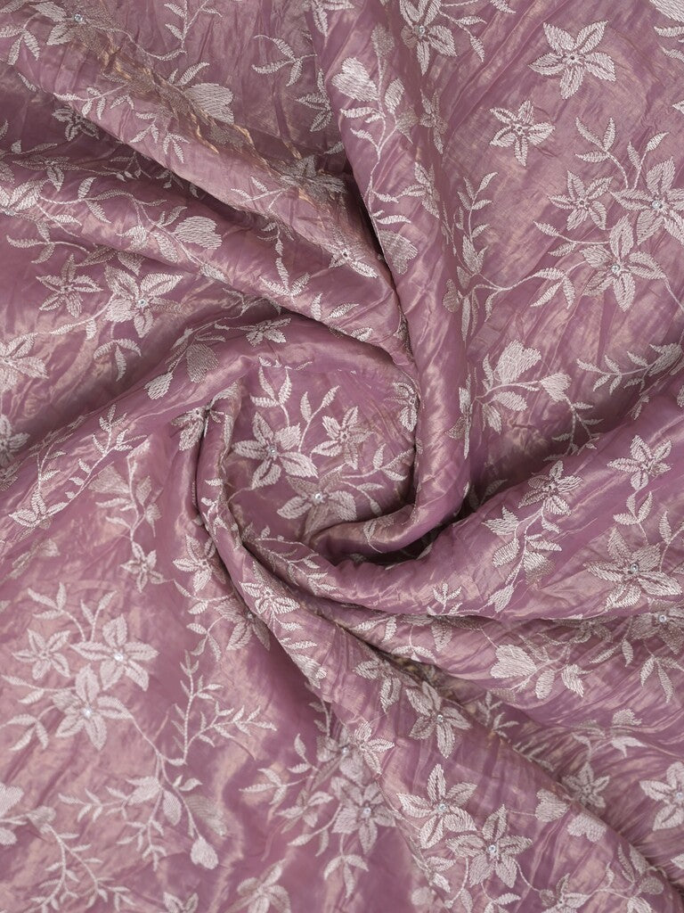 Organza crush fancy saree onion pink color allover embroidery & fancy border with running pallu and attached blouse