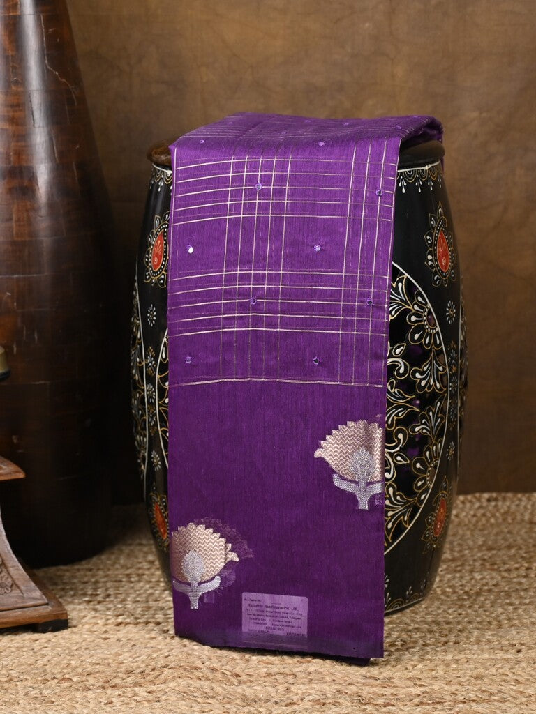 Chanderi fancy saree purple color allover checks, zari motifs & zari border with zari pallu and self blouse