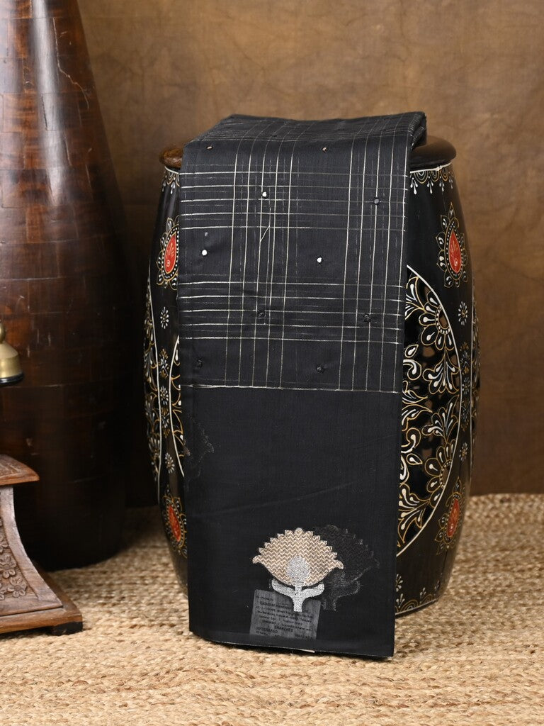 Chanderi fancy saree black color allover checks, zari motifs & zari border with zari pallu and self blouse