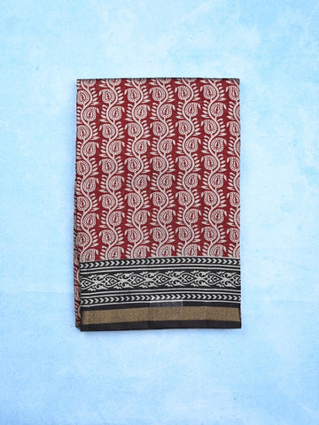 Maheshwari fancy saree maroon color allover prints & printed zari border with contrast pallu and attached blouse