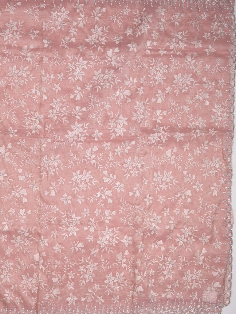 Organza crush fancy saree baby pink color allover embroidery & fancy border with running pallu and attached blouse