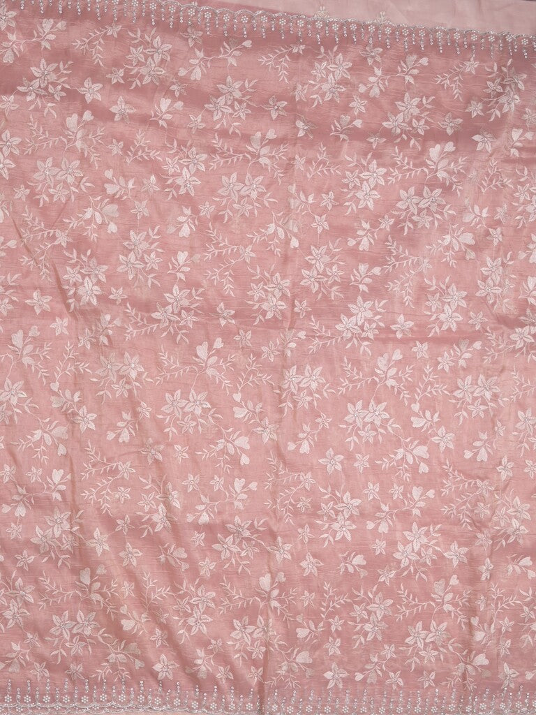 Organza crush fancy saree baby pink color allover embroidery & fancy border with running pallu and attached blouse