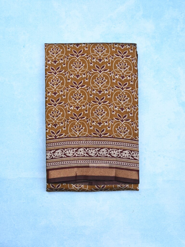 Maheshwari fancy saree mustard yellow color allover prints & printed zari border with contrast pallu and attached blouse