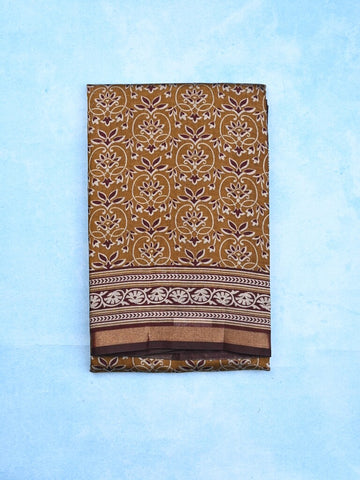 Maheshwari fancy saree mustard yellow color allover prints & printed zari border with contrast pallu and attached blouse